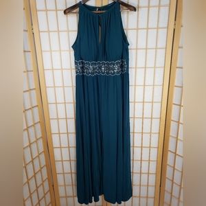 Avenues 2x or 18W Teal Evening Gown with Halter Top and Beaded & Sequin Trim